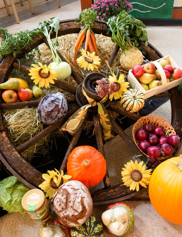 Ein Holzrad steht im Vordergrund und ist mit einer Vielzahl frischer Früchte und Gemüse dekoriert, darunter Äpfel, Kürbisse, Karotten und Sonnenblumen. Im Hintergrund sind weiße Chrysanthemen sichtbar. Die Anordnung vermittelt eine herbstliche Atmosphäre des Erntedanks.