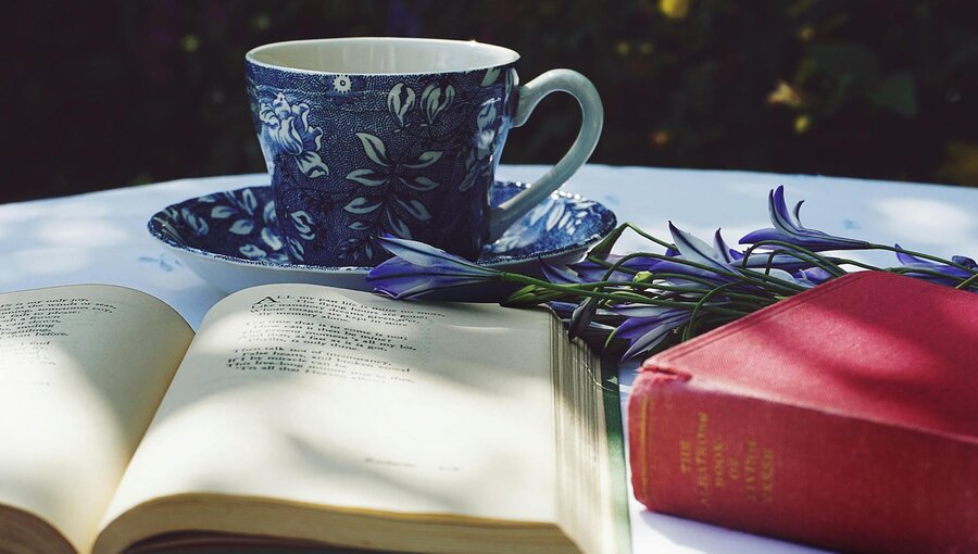 Eine blauer Kaffeetasse steht auf einem Unterteller neben einem aufgeschlagenen Buch mit Texten. Daneben liegt ein rotes Buch und blühende Pflanzen umrahmen die Szene. Die Umgebung wirkt ruhig und einladend, ideal für eine entspannende Lesepause.