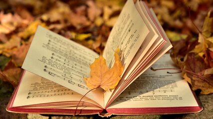 Ein aufgeschlagenes Buch liegt auf dem Boden, umgeben von bunten Herbstblättern. Die Seiten des Buches zeigen Noten und Text. Ein großes, gelbes Ahornblatt liegt auf einer der Seiten.