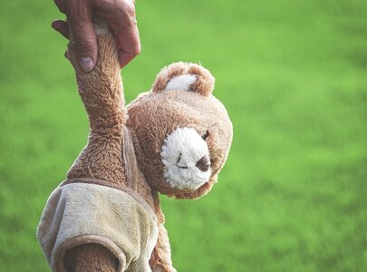 Ein menschlicher Hand hält ein braunes Stofftier, das einem Bären ähnelt, an seinem Arm. Der Hintergrund ist grün und vermittelt eine angenehme, natürliche Umgebung. Das Stofftier wirkt weich und wird liebevoll gehalten.