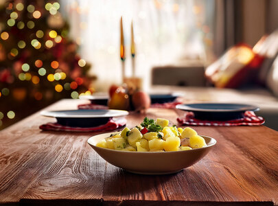 Eine Schüssel mit Kartoffelsalat steht auf einem Holztisch, umgeben von gedecktem Tisch mit Tellern und Kerzen. Im Hintergrund ist ein dekorierter Weihnachtsbaum zu sehen, der eine festliche Atmosphäre schafft.