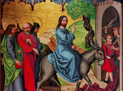  Colmar – Unterlinden-Museum – Altarbild der Dominikaner, Kindheit und Passion Christi – Martin Schongauer (ca. 1445–1491) & Atelier, ca. 1480 – Öl auf Holztafel – Palmsonntag, Einzug Jesu auf einem Esel in Jerusalem
