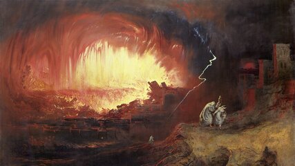 Eine dramatische Szene zeigt eine Stadt, die in Flammen aufgeht, während ein grelles Licht den Himmel erleuchtet. Zwei Figuren stehen auf einem Hügel und beobachten das Chaos. Eine auffällige blendende Explosion symbolisiert Zerstörung und Apokalypse.