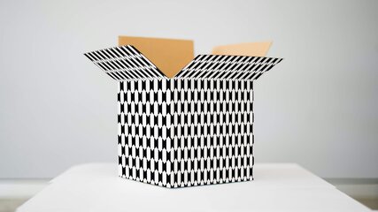 Eine offene Kartonschachtel mit einem geometrischen Muster in Schwarz und Weiß steht auf einem Tisch. Die Schachtel hat einen quadratischen Boden und zeigt ihre Innenseite. Der Hintergrund ist neutral und unscharf.
