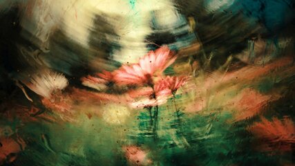 Ein verschwommenes Bild von blühenden Blumen, vor einem unscharfen Hintergrund. Die Farben sind kräftig, mit überwiegenden Grüntönen und zarten Rosatönen der Blüten. Die Szene vermittelt ein Gefühl von natürlicher Schönheit und Leichtigkeit.