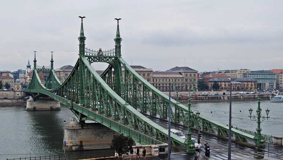 Die Freiheitsbrücke ist eine grüne, geschwungene Brücke über die Donau in Budapest. Sie hat charakteristische Türme und verziert mit Lampen. Im Hintergrund sind historische Gebäude zu sehen, und die Umgebung ist bewölkt, was der Szene eine ruhige Atmosphäre verleiht.