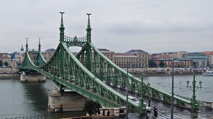 Die Freiheitsbrücke ist eine grüne, geschwungene Brücke über die Donau in Budapest. Sie hat charakteristische Türme und verziert mit Lampen. Im Hintergrund sind historische Gebäude zu sehen, und die Umgebung ist bewölkt, was der Szene eine ruhige Atmosphäre verleiht.