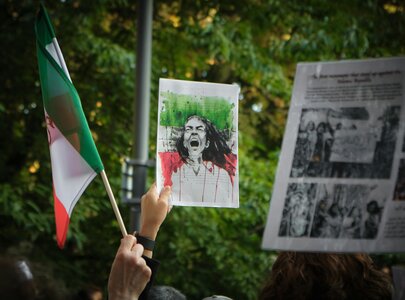 Eine Person hält ein Plakat mit einer künstlerischen Darstellung einer schreien Person, umgeben von grünen und roten Farbtönen. Im Hintergrund sind weitere Protestplakate und eine Fahne zu sehen. Der Kontext deutet auf eine Protestveranstaltung hin.