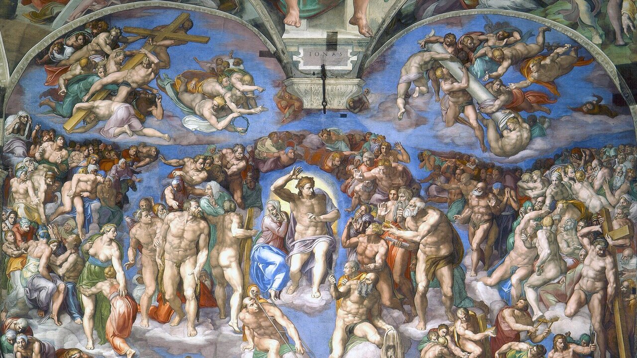 Das Bild zeigt das Deckenfresko der Sixtinischen Kapelle, gemalt von Michelangelo. Es stellt biblische Szenen dar, insbesondere die Schöpfung und das Jüngste Gericht, mit zahlreichen Figuren, die verschiedene emotionale Zustände und dynamische Posen einnehmen. Die Farben sind lebhaft und kontrastreich.