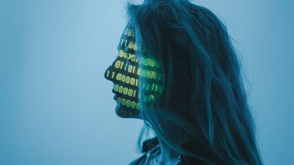 Ein Profil einer Person mit langen Haaren, deren Gesicht mit grünen binären Zahlen (Nullen und Einsen) projiziert ist. Der Hintergrund ist in sanften Blautönen gehalten. Die Darstellung symbolisiert eine Verbindung zwischen Mensch und Technologie.