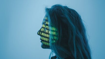 Ein Profil einer Person mit langen Haaren, deren Gesicht mit grünen binären Zahlen (Nullen und Einsen) projiziert ist. Der Hintergrund ist in sanften Blautönen gehalten. Die Darstellung symbolisiert eine Verbindung zwischen Mensch und Technologie.