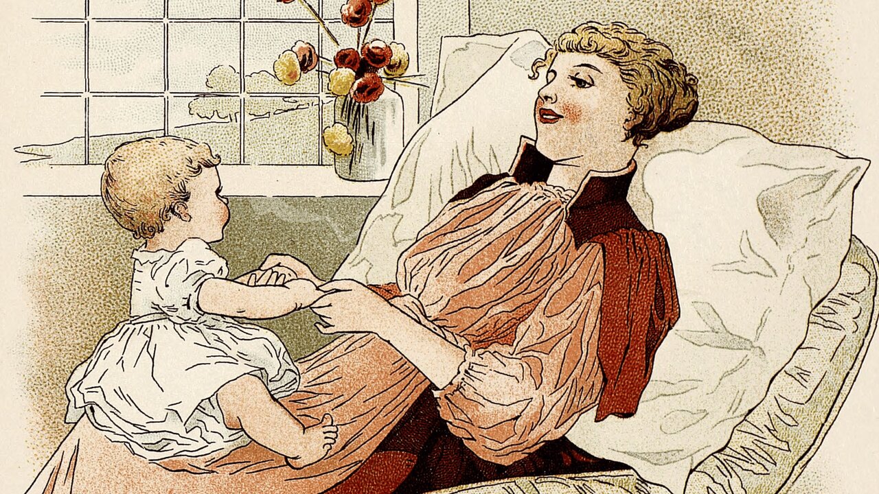 Eine Mutter sitzt auf einem Sofa und hält ihr Kleinkind auf dem Schoß. Das Kind schaut sie neugierig an. Im Hintergrund ist ein Fenster mit Blumen. Die Mutter trägt ein elegantes, historisches Kleid. Die Szene vermittelt eine Atmosphäre von Zuneigung und Geborgenheit.